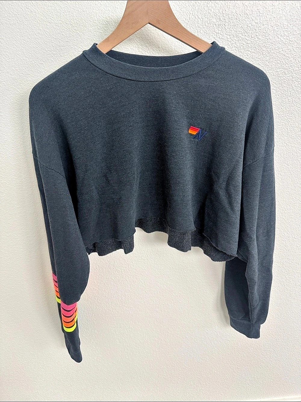 Aviator Nation Rugby Stitch Cropped Crew Sweatshirt Relaxed in Gray XS